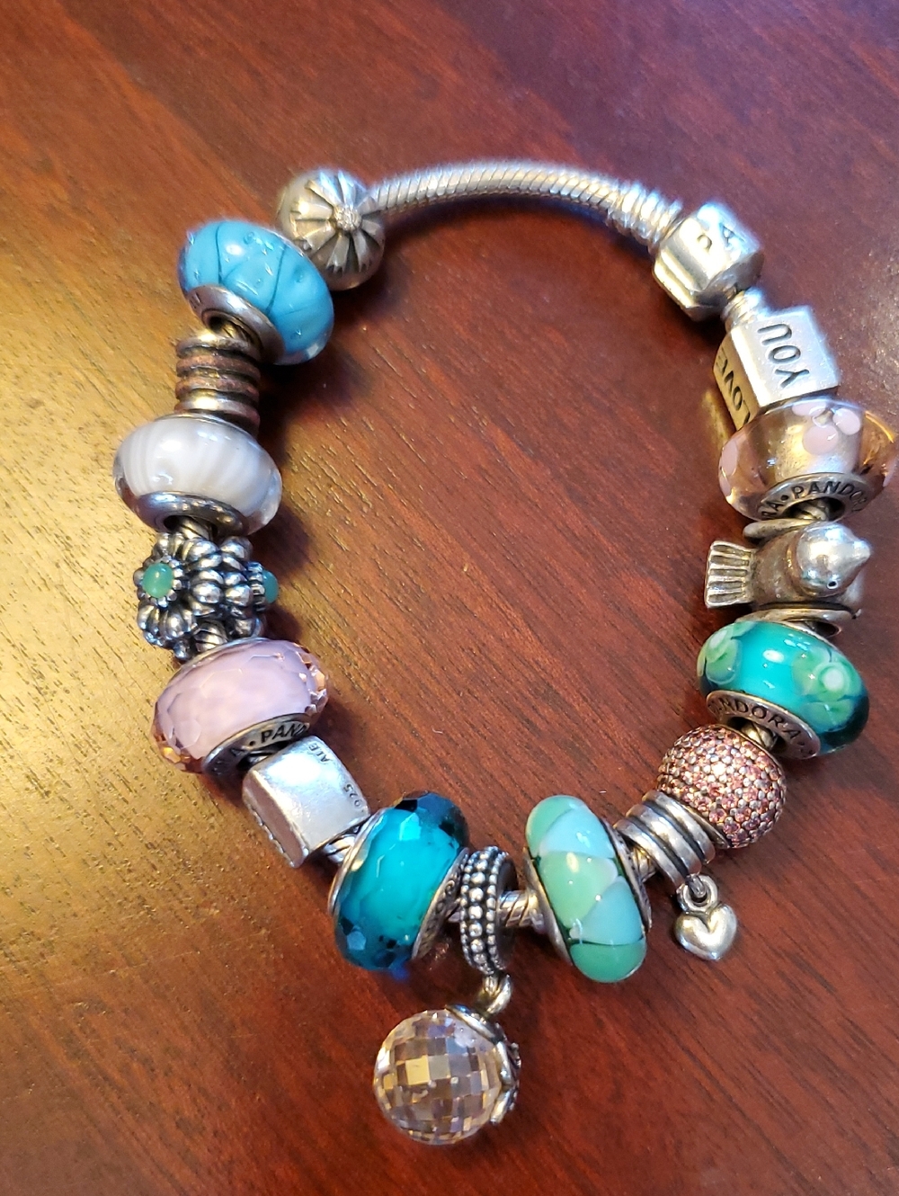 Pandora Turquoise, Teal & Pink Glass Bird Bag Crystal Heart Love Charm Bracelet